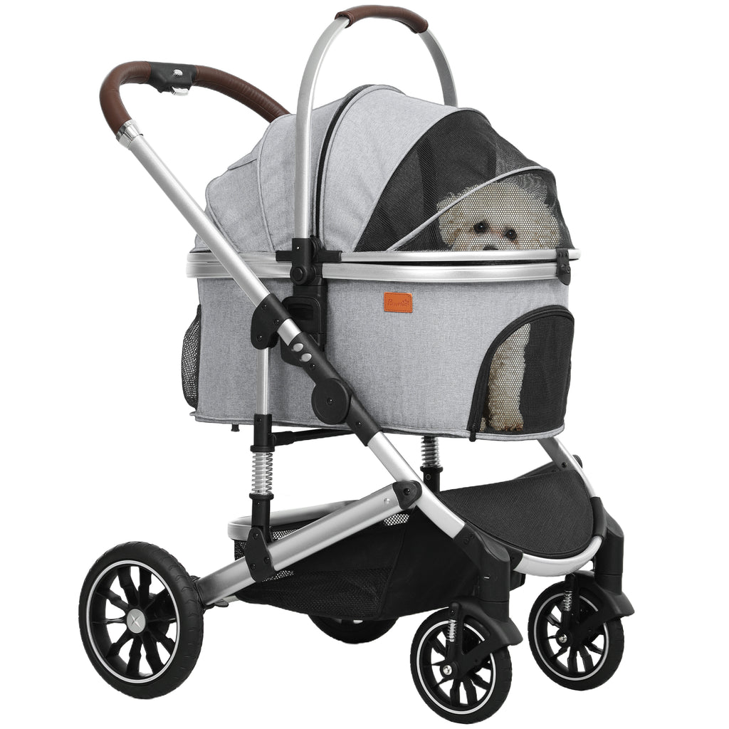 PawHut Hundewagen 3 in 1 Hundebuggy klappbar für Katzen bis 10 kg Katzenbuggy mit Kissen Becherhalter Hellgrau