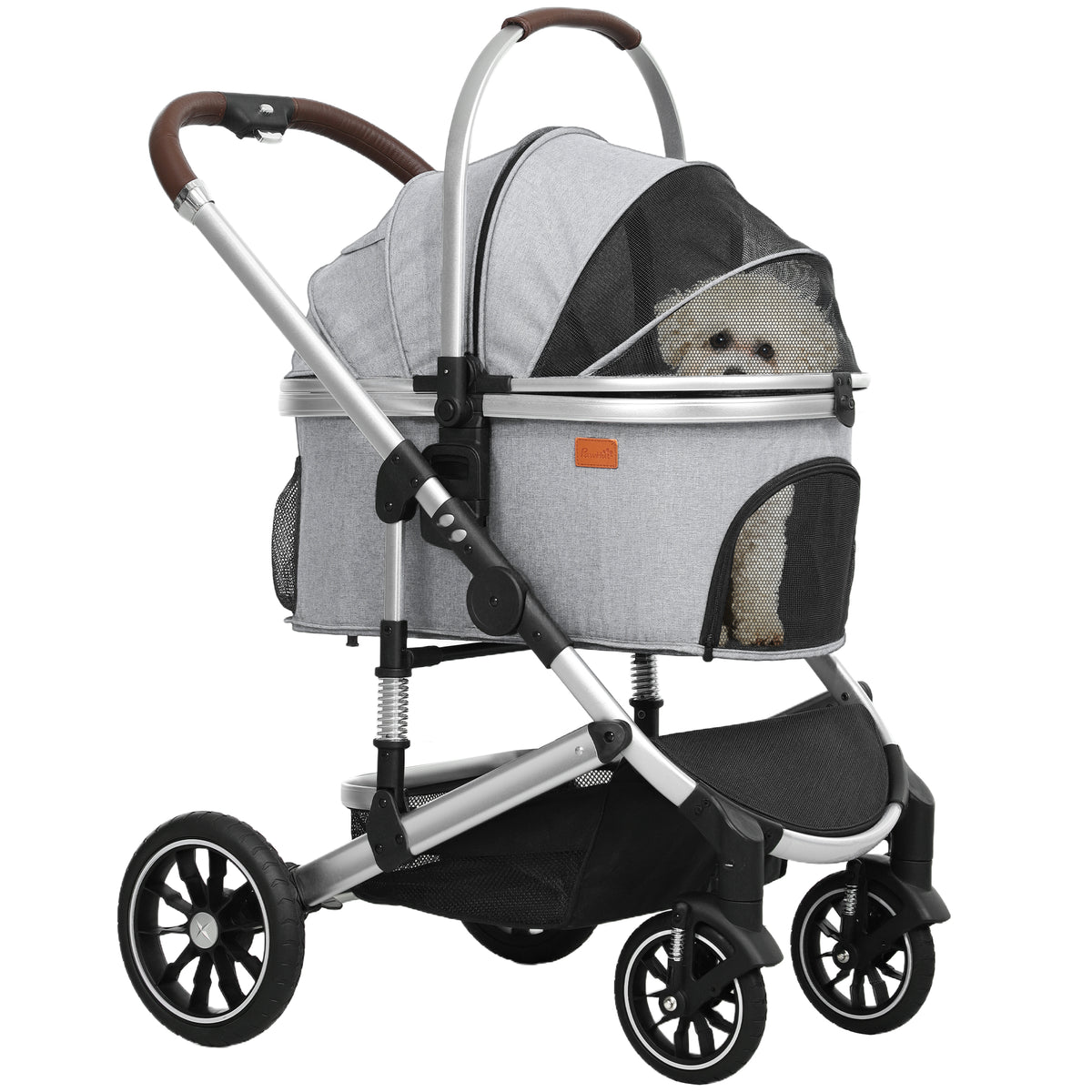 PawHut Hundewagen 3 in 1 Hundebuggy klappbar für Katzen bis 10 kg Katzenbuggy mit Kissen Becherhalter Hellgrau