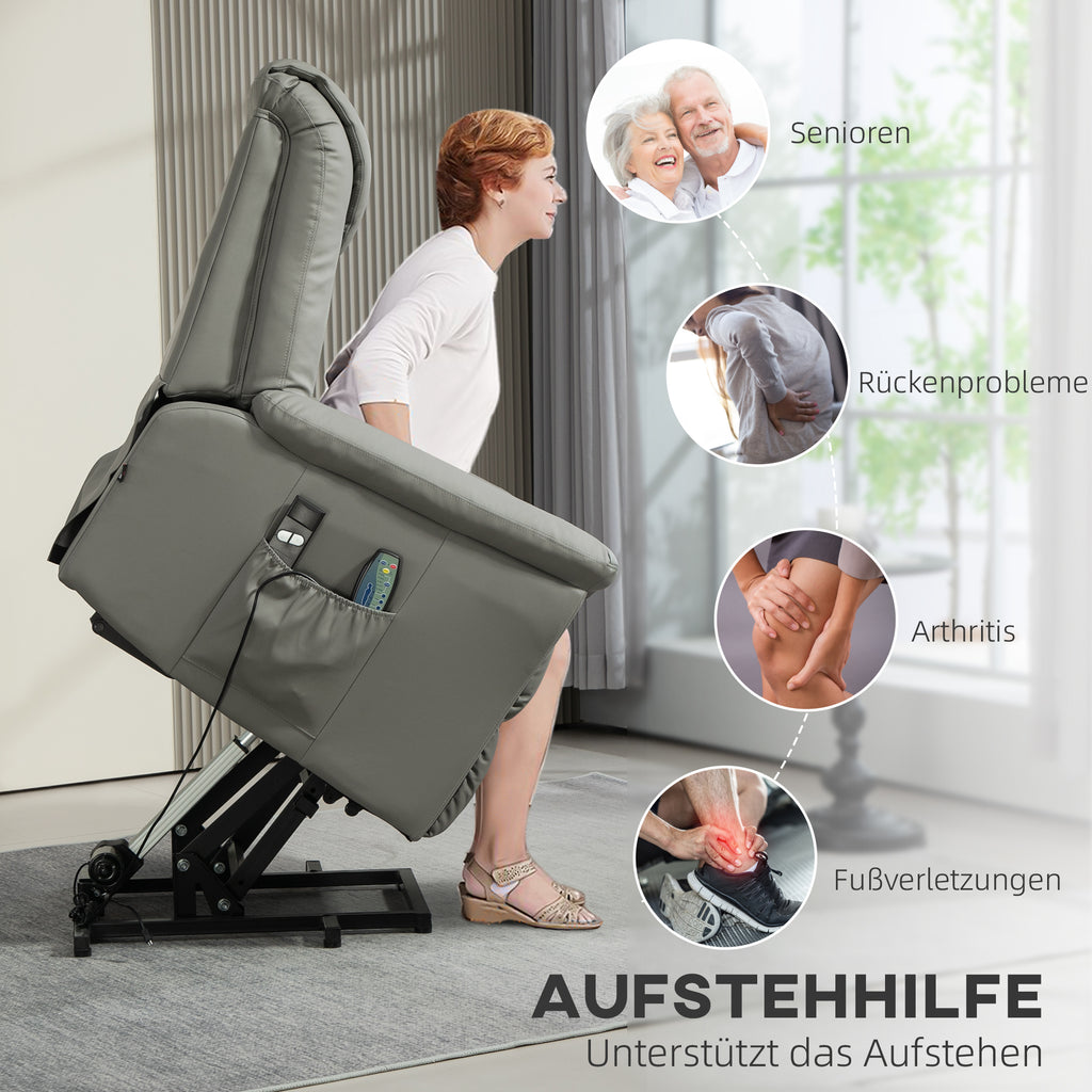HOMCOM Relaxsessel mit Aufstehhilfe, Massage, Heizung, Kunstleder, 93x95x106 cm, Hellgrau