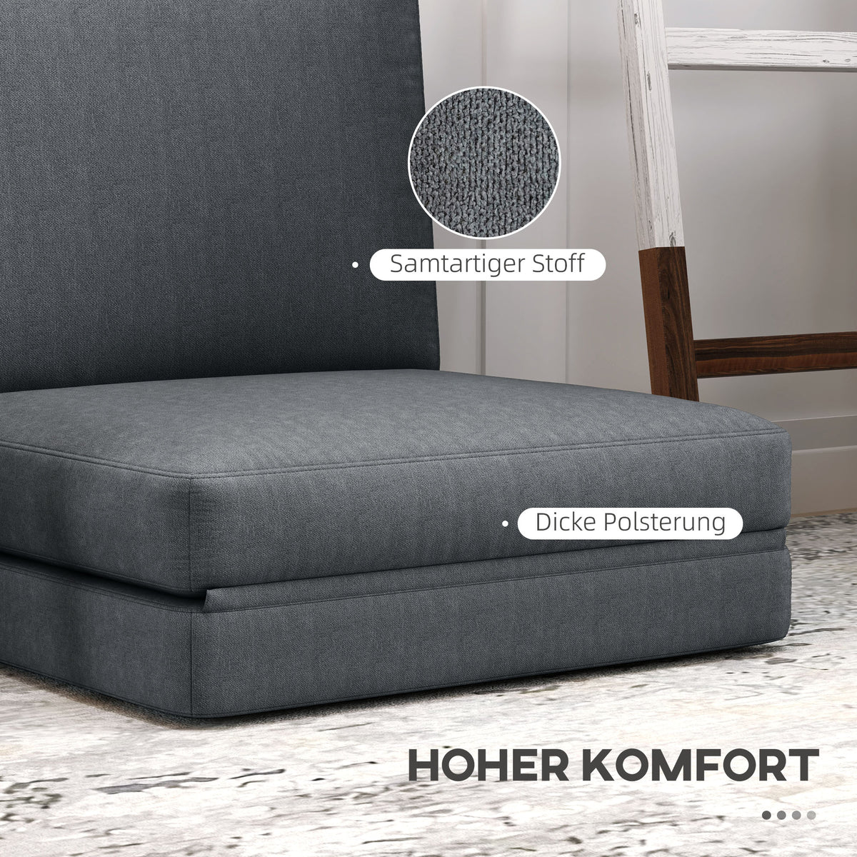 HOMCOM Faltbarer Bodensessel mit Kissen, wandelbares Polstersofa, Wohnzimmer, Gästezimmer, Büro, 75 x 268 x 18 cm, Dunkelgrau
