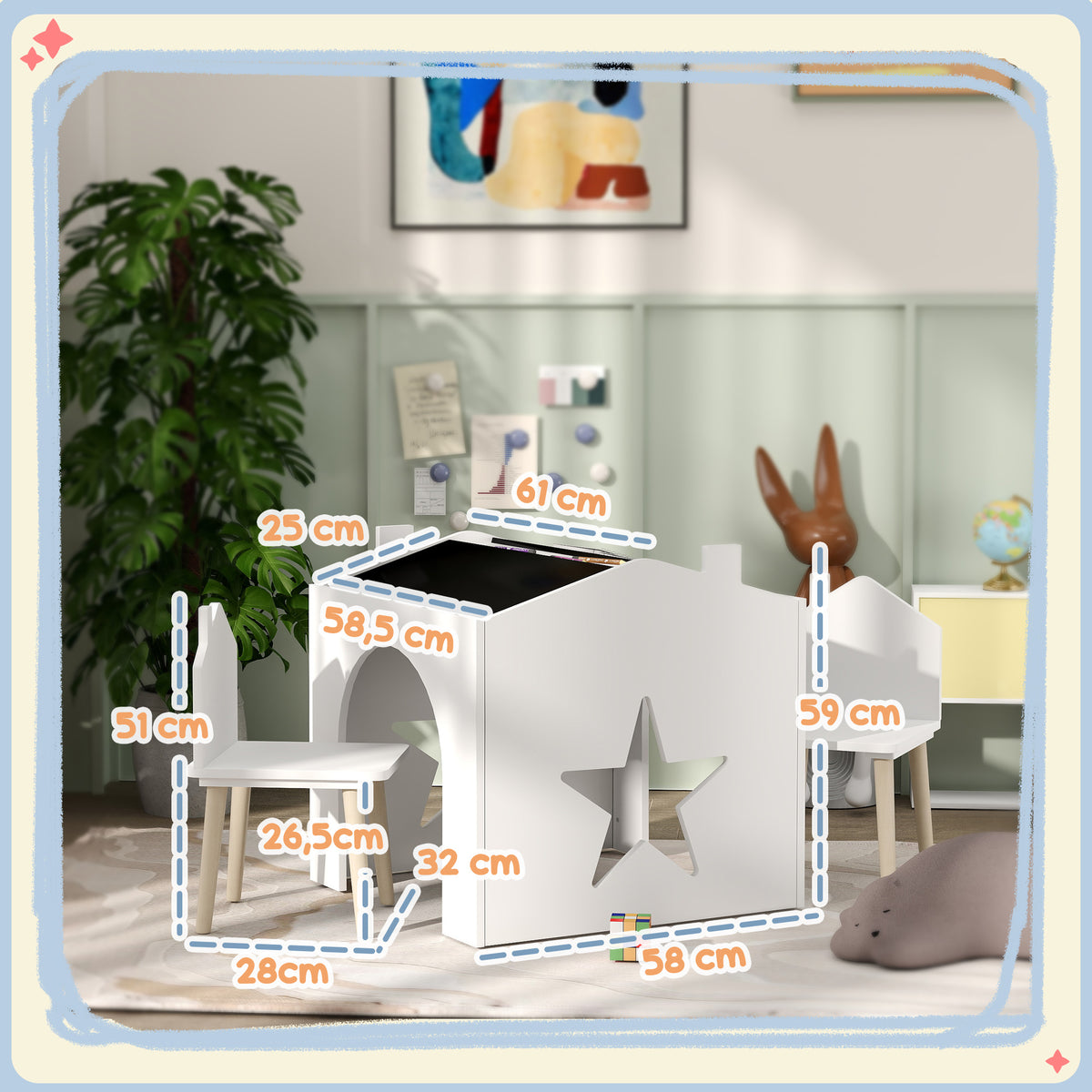 AIYAPLAY Set 1 Tisch und 2 Stuhl 3-teilig für Kinder, Schiefertafel, MDF und Kieferbeine, für 3-8 Jahre, Weiß