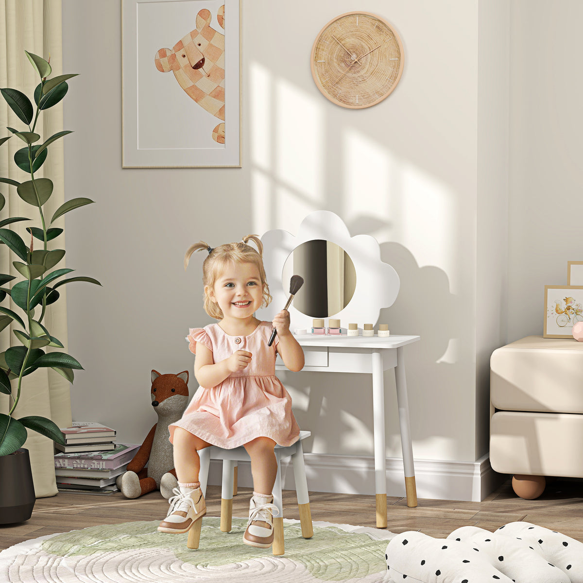 AIYAPLAY Kinder Schminktisch-Set mit Hocker, 2-teiliges Schminktisch-Set für Kinder von 3 bis 6 Jahren, Spiegel in Wolkenform, Weiß