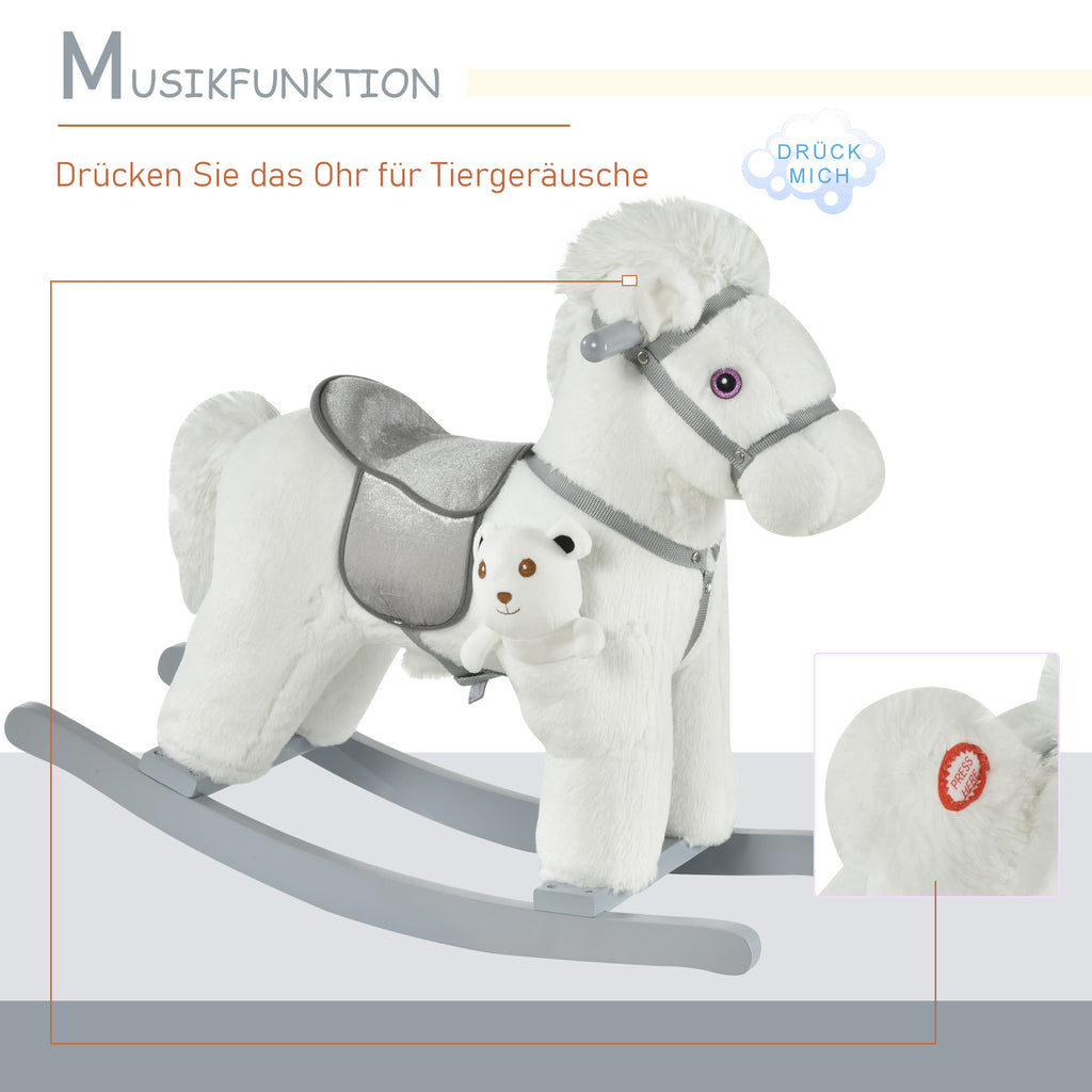 HOMCOM Kinder Schaukelpferd Baby Schaukeltier mit Tiergeräusche Spielzeug Haltegriffe für 18-36 Monate Plüsch Weiß 65 x 26 x 55 cm