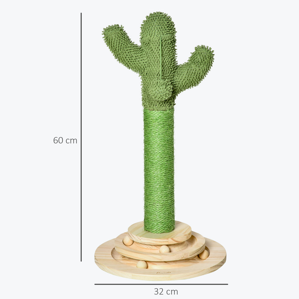 PawHut Katzen Kratzbaum Kaktus Katzenbaum Kiefernholz Sisal Seil Kratzstamm mit Holzkugel-Katzenspielzeug für Katzen 60 cm Hoch Grün+Natur