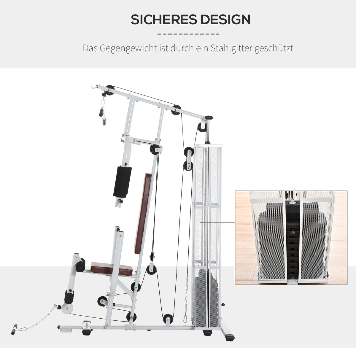 HOMCOM Gym Kraftstation Fitnessstation Multigym Fitnesscenter Fitnessgerät inkl. Gewichten Latzug Beincurl  Metall PU-Kunstleder Weiß 150 x 110 x 210 cm