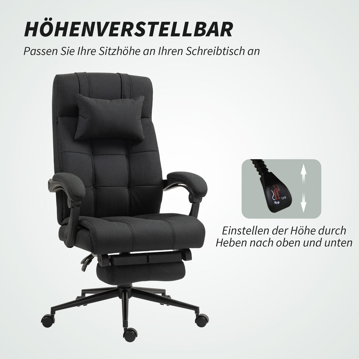 Vinsetto Bürostuhl mit Fußstütze, Schreibtischstuhl, Drehstuhl mit Kopfstütze, Schwarz