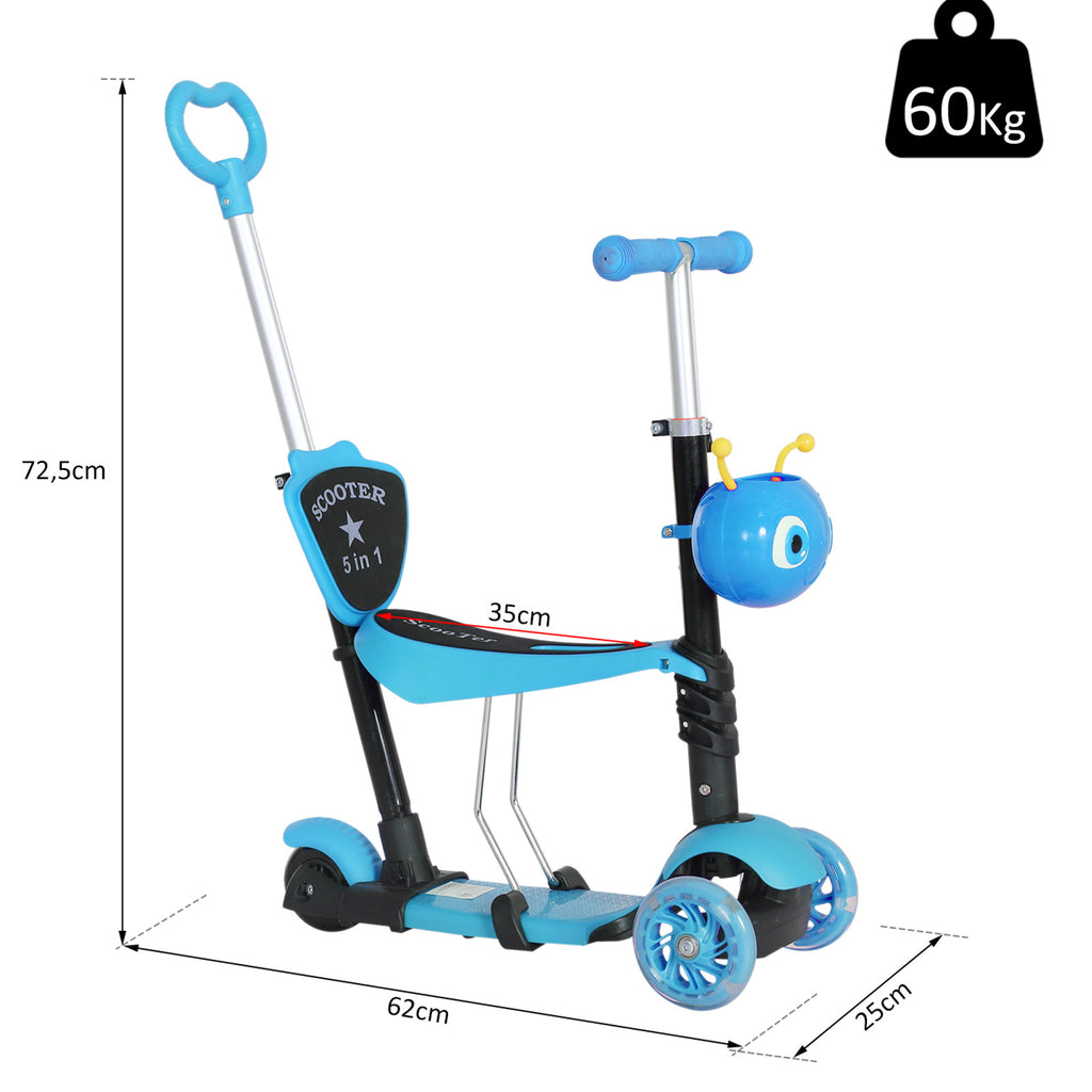 HOMCOM 5-in-1 Kinderroller Scooter Tretroller Cityroller Kinder Roller Kickboard Lenker Teleskoprohr höhenverstellbar Blau 62 x 25 x 72,5 cm