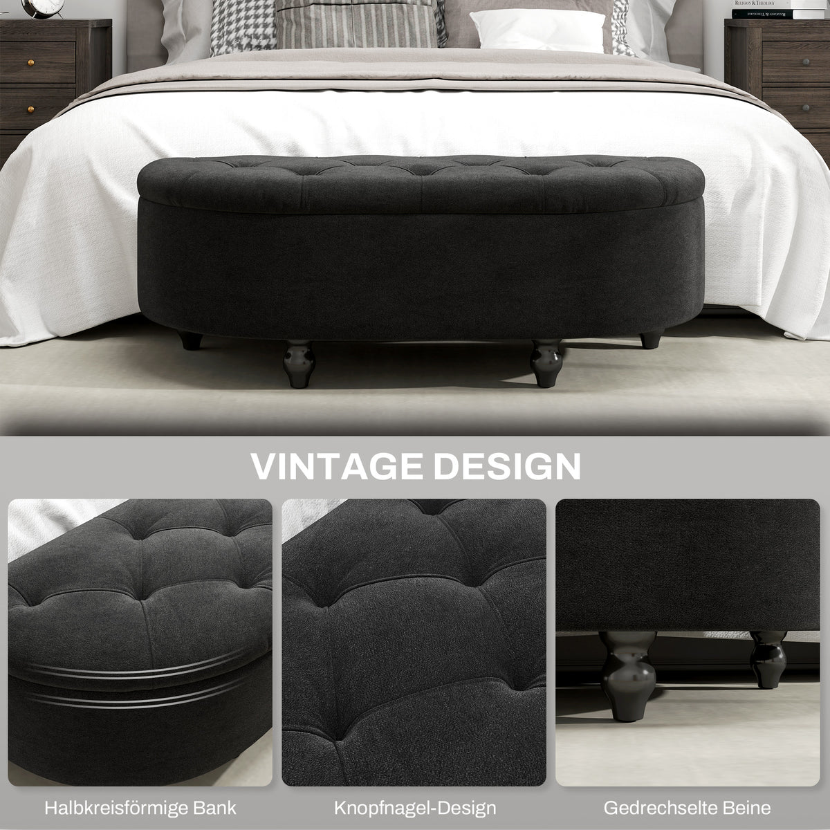 HOMCOM Hocker mit Stauraum, Sitztruhe, gepolstert, soft-close Deckel, Samtoptik, 120 x 46 x 42 cm, Dunkelgrau