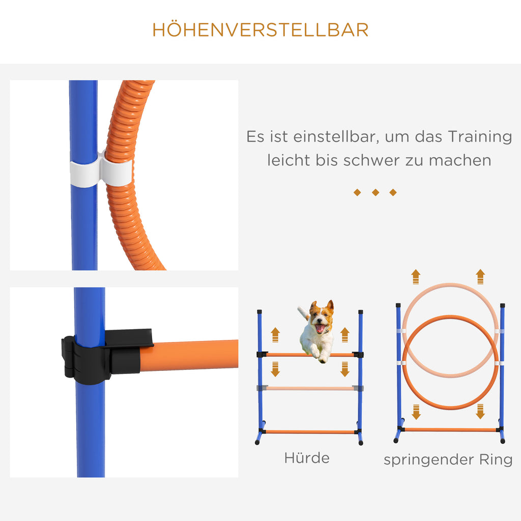 PawHut Hunde-Agiliy-Set Hundeparcours, 1 Reifen, 1 Hürde, 1 Slalom-Set, 352 cm x 66 cm x 69 cm, Blau + Rot