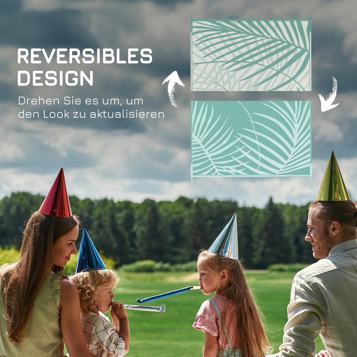 Outsunny Outdoorteppich Terrassenteppich, wetterbeständig, modernes Design, 365 cm x 274 cm x 0,3cm, Grün + Creme