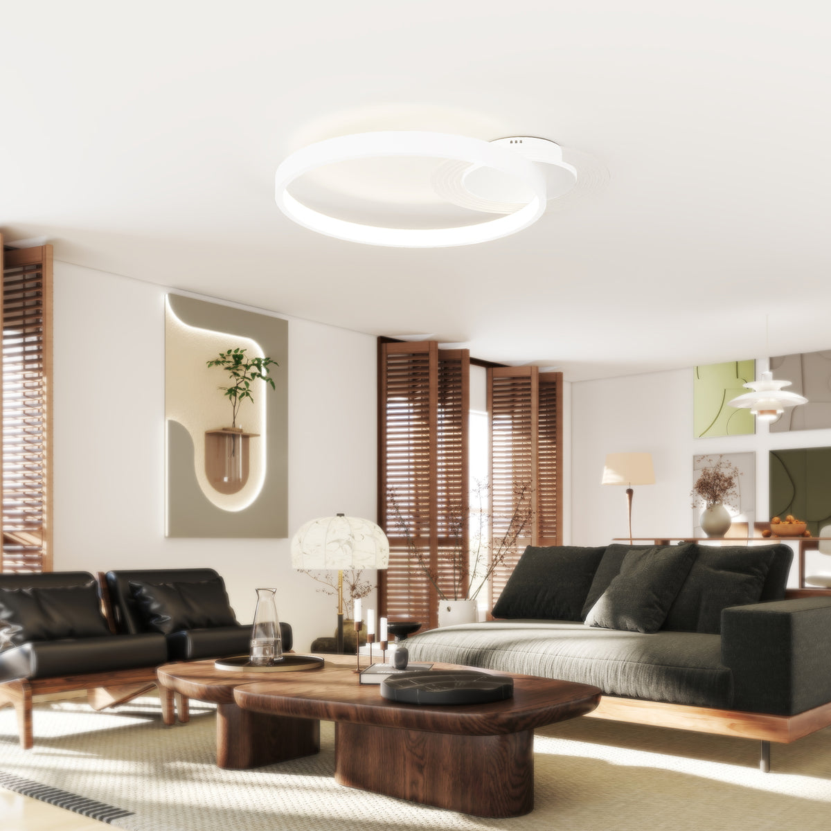 HOMCOM Deckenlampe, Deckenleuchte mit Zwei-Ring-Design, Rund 50 x 40 x 7,4 cm, Weiß