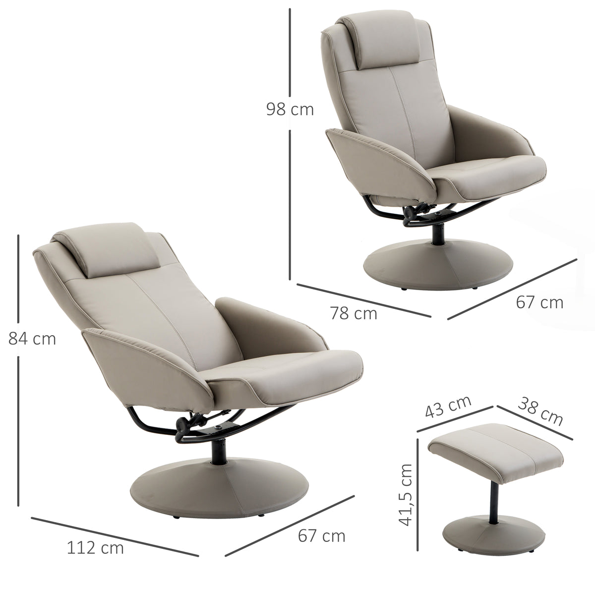 HOMCOM Relaxsessel mit Hocker, 360°drehbarer Fernsehsessel mit Liegefunktion, TV Sessel, Kunstleder, Lesesessel für Wohnzimmer, Schlafzimmer, Grau