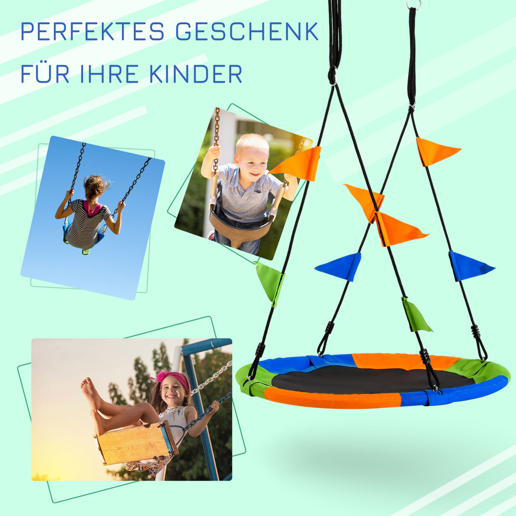 Outsunny Ø100 cm Nestschaukel Tellerschaukel Kinderschaukel Gartenschaukel bis 80 kg Outdoor belastbar für 3+ Jahre Metall Polyester Blau+Grün+Orange