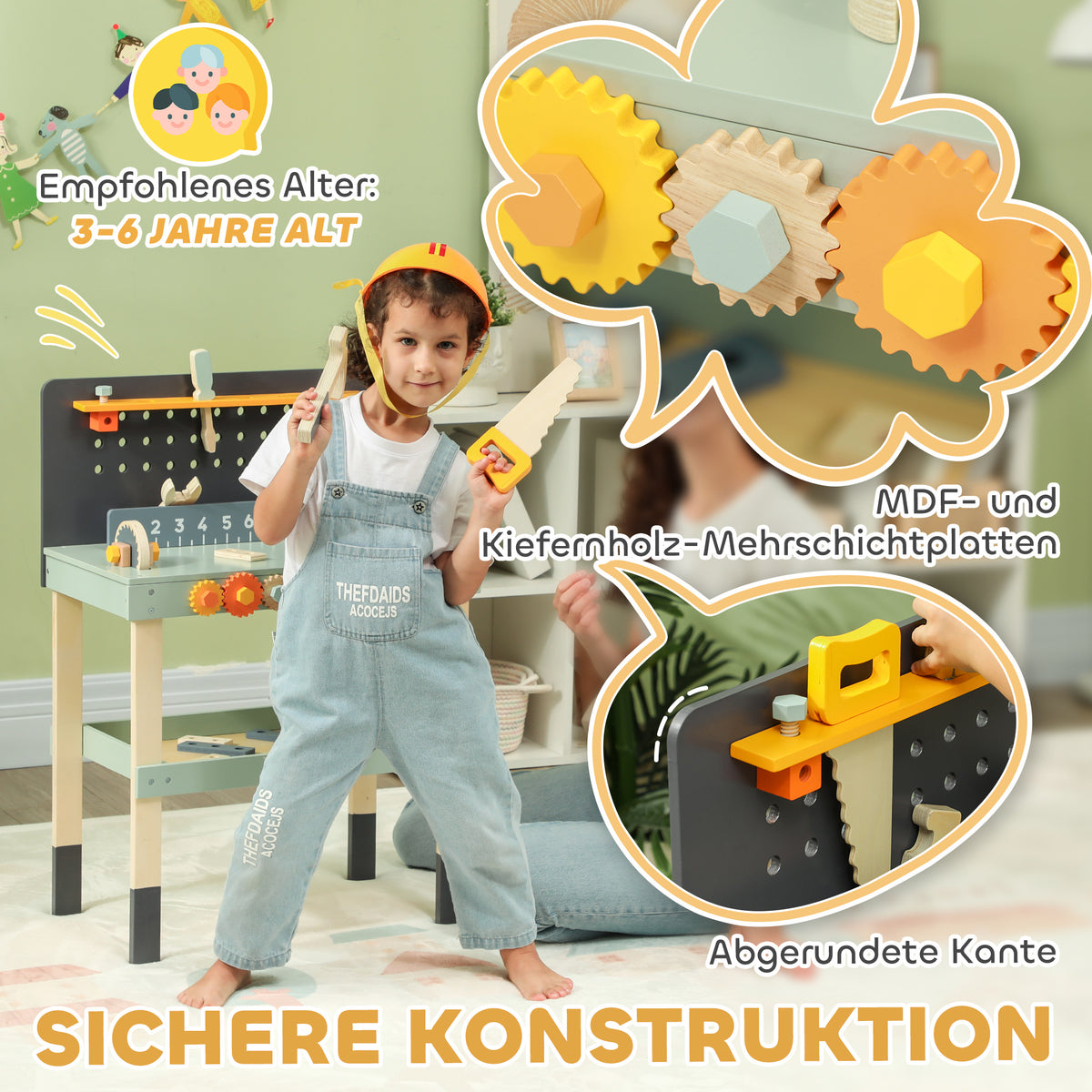 AIYAPLAY Spielwerkbank, mit Werkzeug-Set, robust, für 3-6 Jahre, 58 x 31 x 77,5 cm, Hellblau