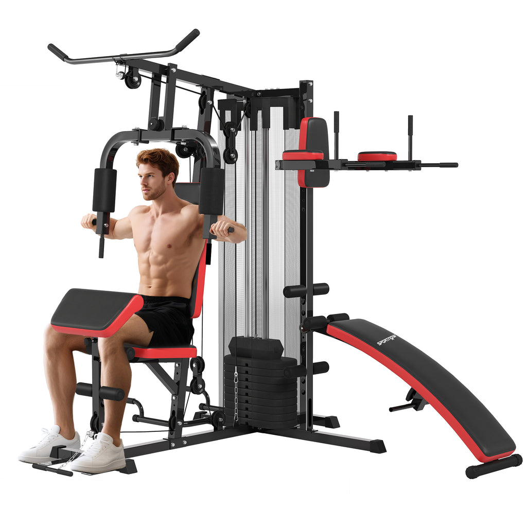 SPORTNOW Mehrzweck-Trainingsstation mit 65 kg Gewichtsblock, verstellbar, fürs Heimtraining, Stahl, Kunstleder