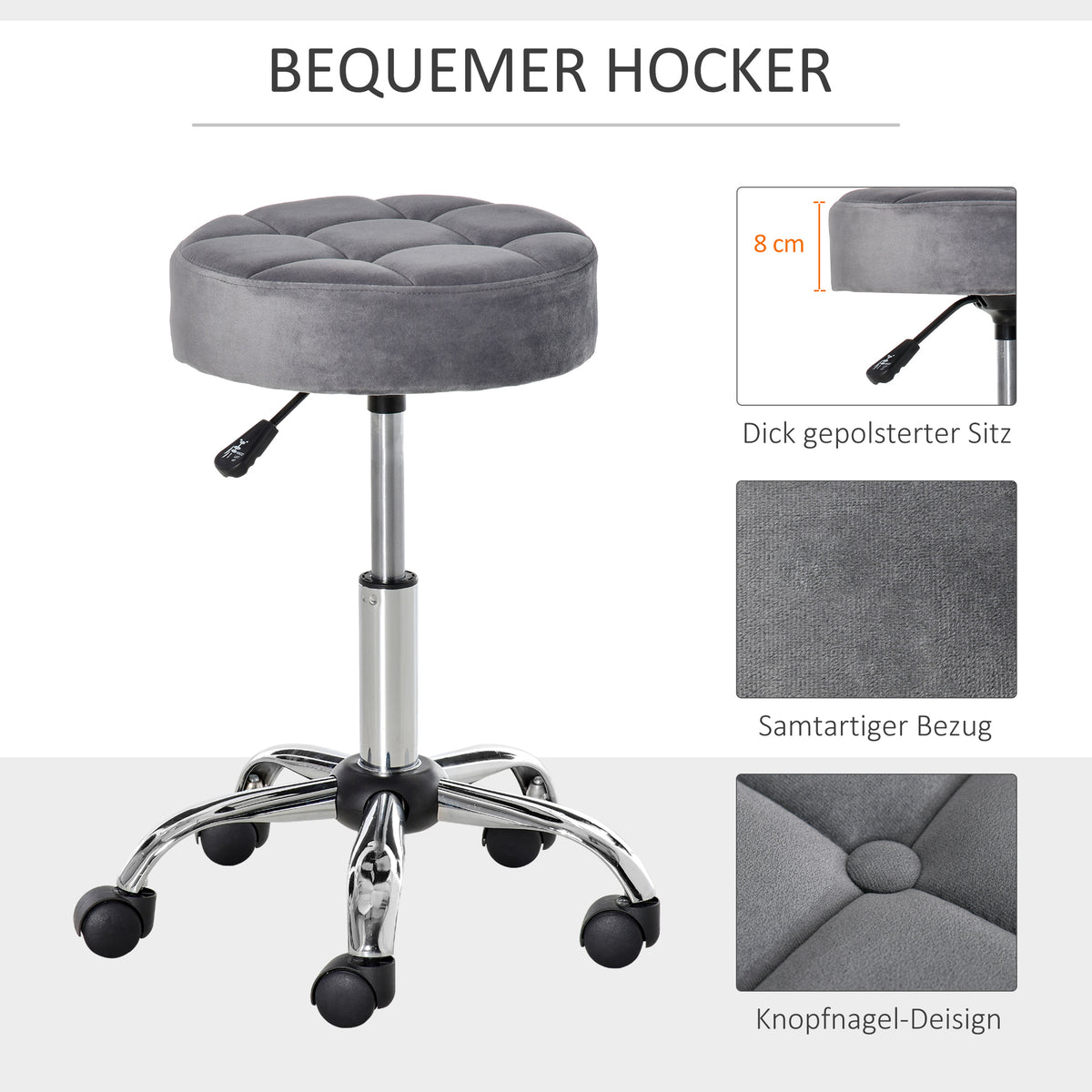 HOMCOM Salonstuhl mit Rädern Rollhocker höhenverstellbar drehbar Salon Hocker Samt-Touch Schaumstoff Chrom-Basis Hellgrau 35 x 35 x 49-61 cm