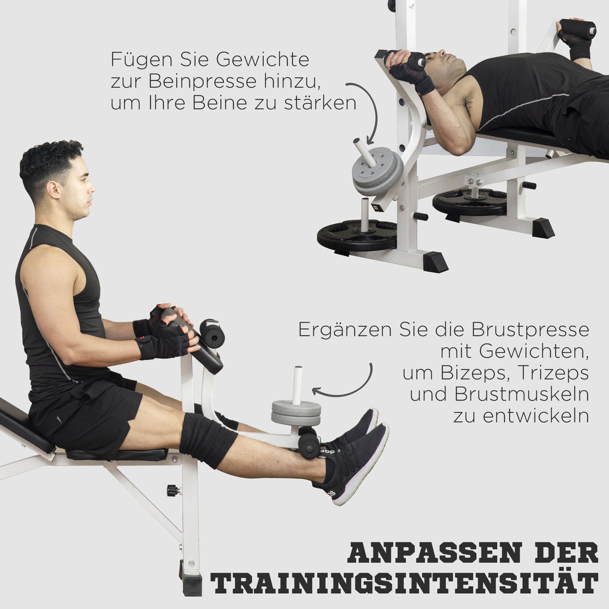 HOMCOM Hantelbank mit Hantelablage, Brustpresse, Beinpresse, Armauflage für Bizepscurls, Stahl, schwarz+weiß