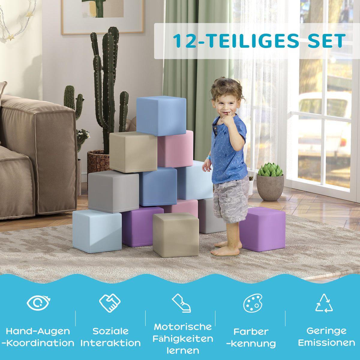 HOMCOM Softbausteine, 12 Würfel á 20 x 20 x 20 cm, pflegeleicht, kindersicher, für 1-3 Jahre, Kunstleder