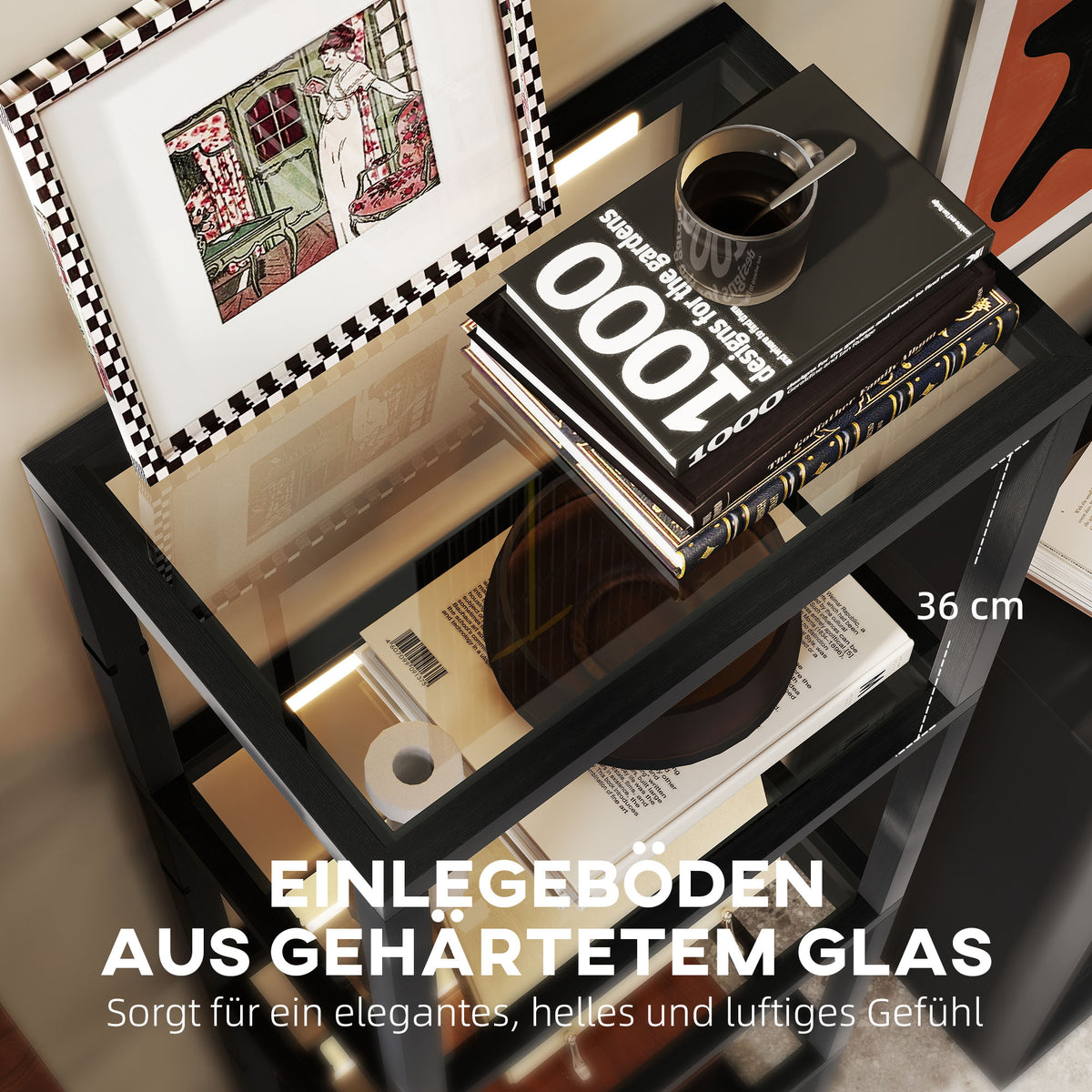 HOMCOM LED-Stehlampe mit 4-stufigem Regal, Leuchtregal mit 4 Glasfächern, Fußschalter, MDF, Schwarz
