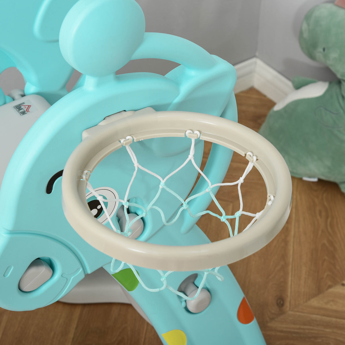 HOMCOM Kinderrutsche mit Basketballkorb faltbare Spielzeugrutsche mit verlängerter Heckkissen Dreiecksstruktur HDPE PP Hellblau+Grau 147 x 82 x 85,5 cm