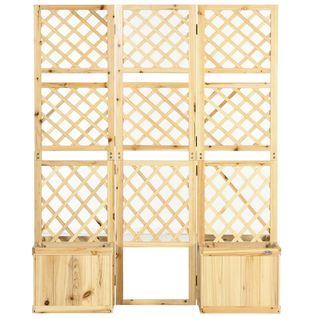 Outsunny Paravent, Sichtschutz für Garten, dreifach klappbar, 4 Blumenkästen, Massivholz, Naturfarbe, 133 x 62 x 165 cm