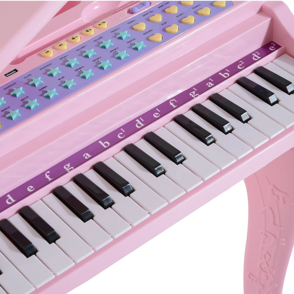 HOMCOM Kinder Klavier Mini-Klavier Piano Keyboard Musikinstrument MP3 USB inkl. Hocker 37 Tasten Rosa