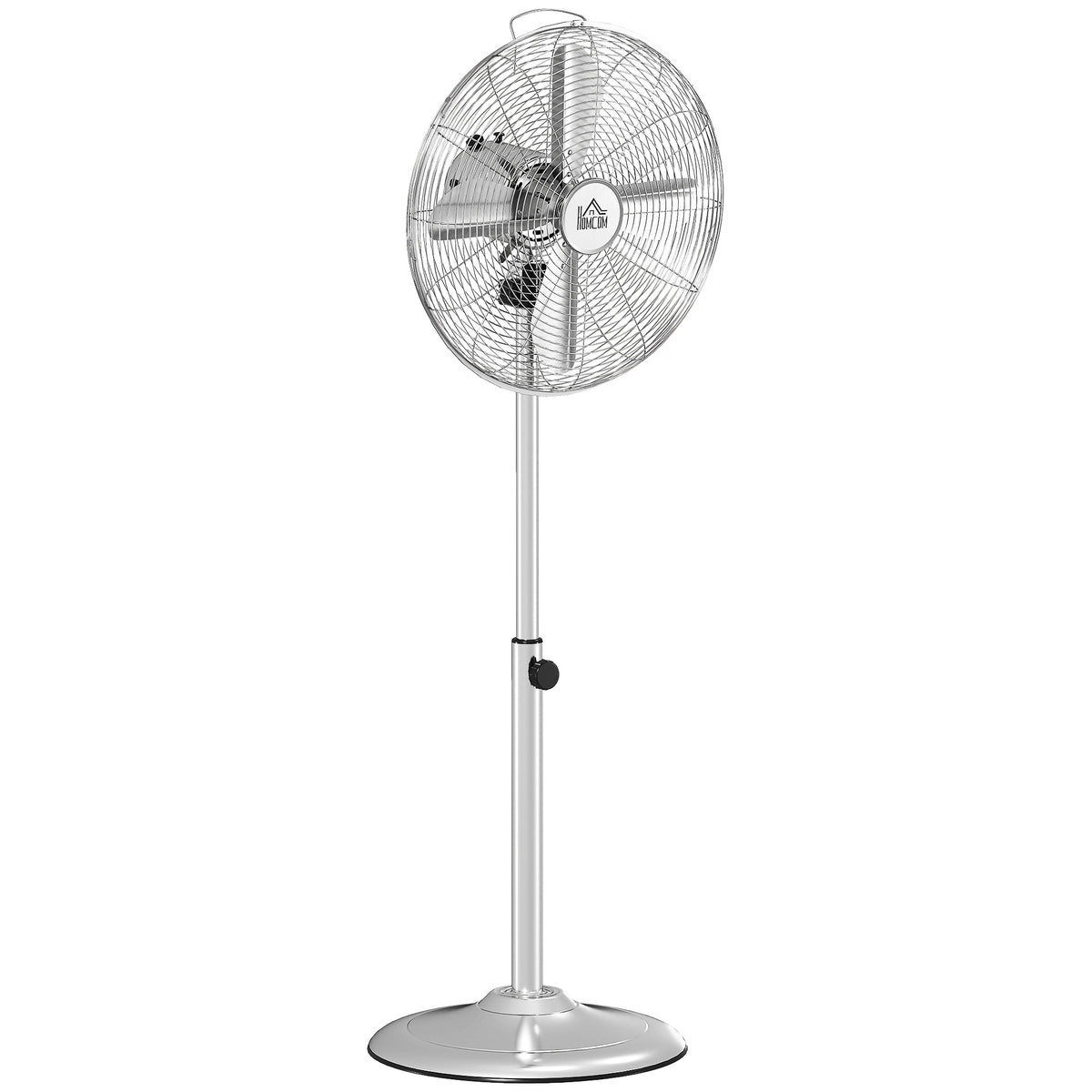 HOMCOM 120 cm Standventilator, Ventilator, Höhenverstellbarer Lüfter, 3 Geschwindigkeitsstufen, Verstellbarer Neigungswinkel, Stahl, Silber