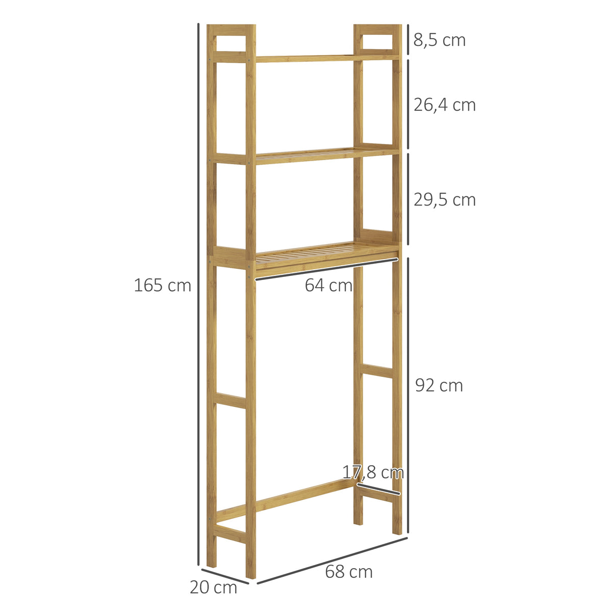 kleankin Badezimmerregal Badregal Toilettenregal, 3 Regale, wasserbeständig, 68 cm x 20 cm x 165 cm, Natur
