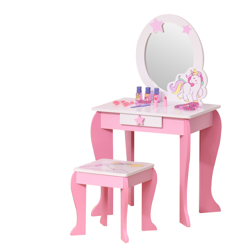 HOMCOM 2-Set Kinderschminktisch mit Hocker Frisiertisch Frisierkommode mit Schublade Spiegel für Kleinkind Mädchen Akryl Rosa+Weiß 49 x 34 x 90 cm