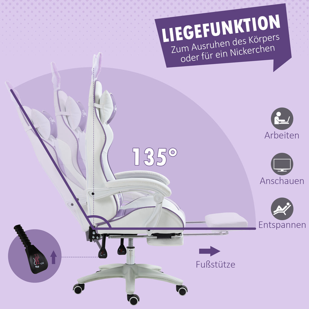 Vinsetto Gaming Stuhl Ergonomischer Gamer Stuhl mit Lendenwirbelstütze, Fußstütze Hasenohren Kopfkissen Violett