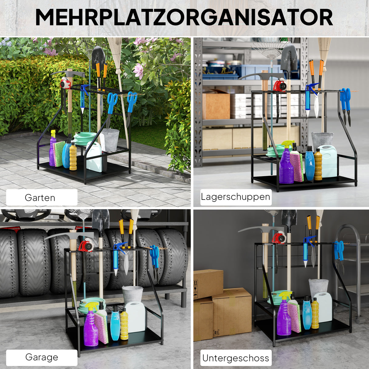 Outsunny Aufbewahrungsgestell für Gartengeräte, 3-stufiges Regal für Werkzeug, Gartenwerkzeug-Organizer, Metall, Orange
