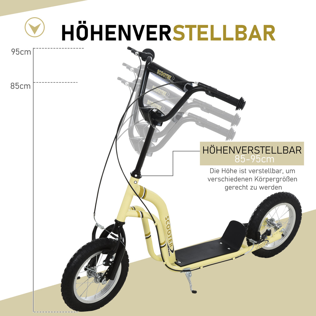 HOMCOM Kinderroller ab 5 Jahre Scooter Kinderscooter Tretroller Cityroller Kinder Roller Kickboard mit Luftreifen 12 Zoll Gummi Aluminium Beige 120 x 58 x 85-95 cm