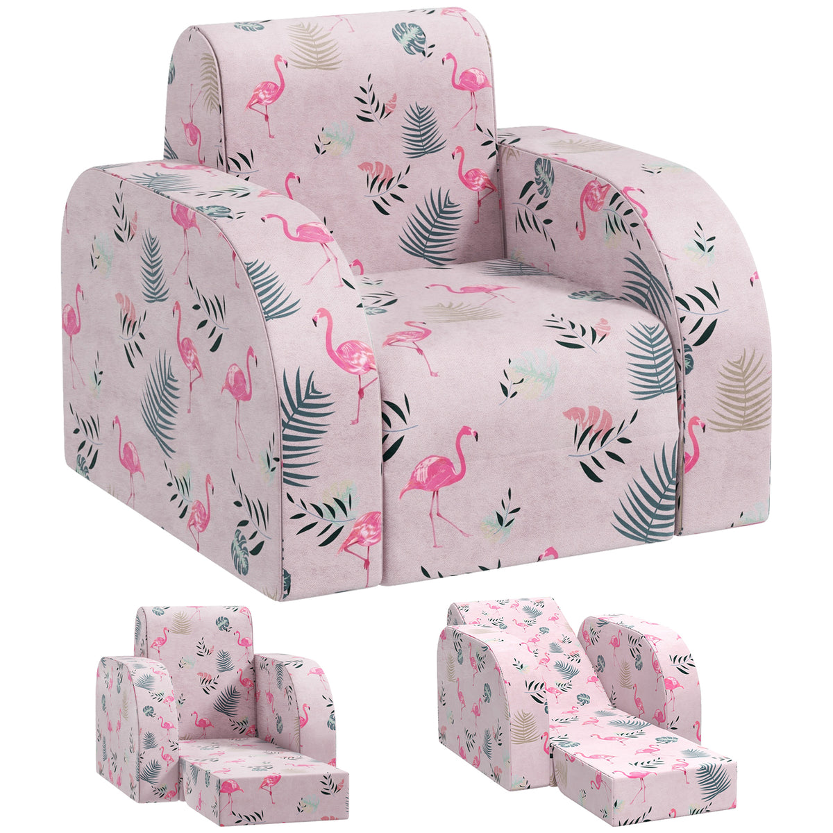 AIYAPLAY Kindersessel mit Bettfunktion, bis 3 Jahre/45 kg, Flamingo-Muster, 46,5x93x28,5 cm, Rosa