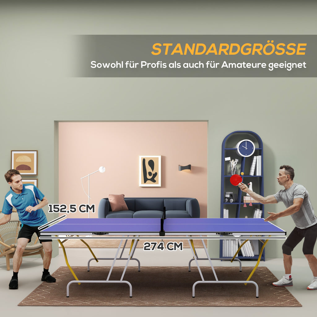 SPORTNOW Tischtennisplatte, klappbar, inkl. 2 Schläger, 3 Bälle, Netz, In- & Outdoor, Metallgestell, 274x152x76cm, Blau