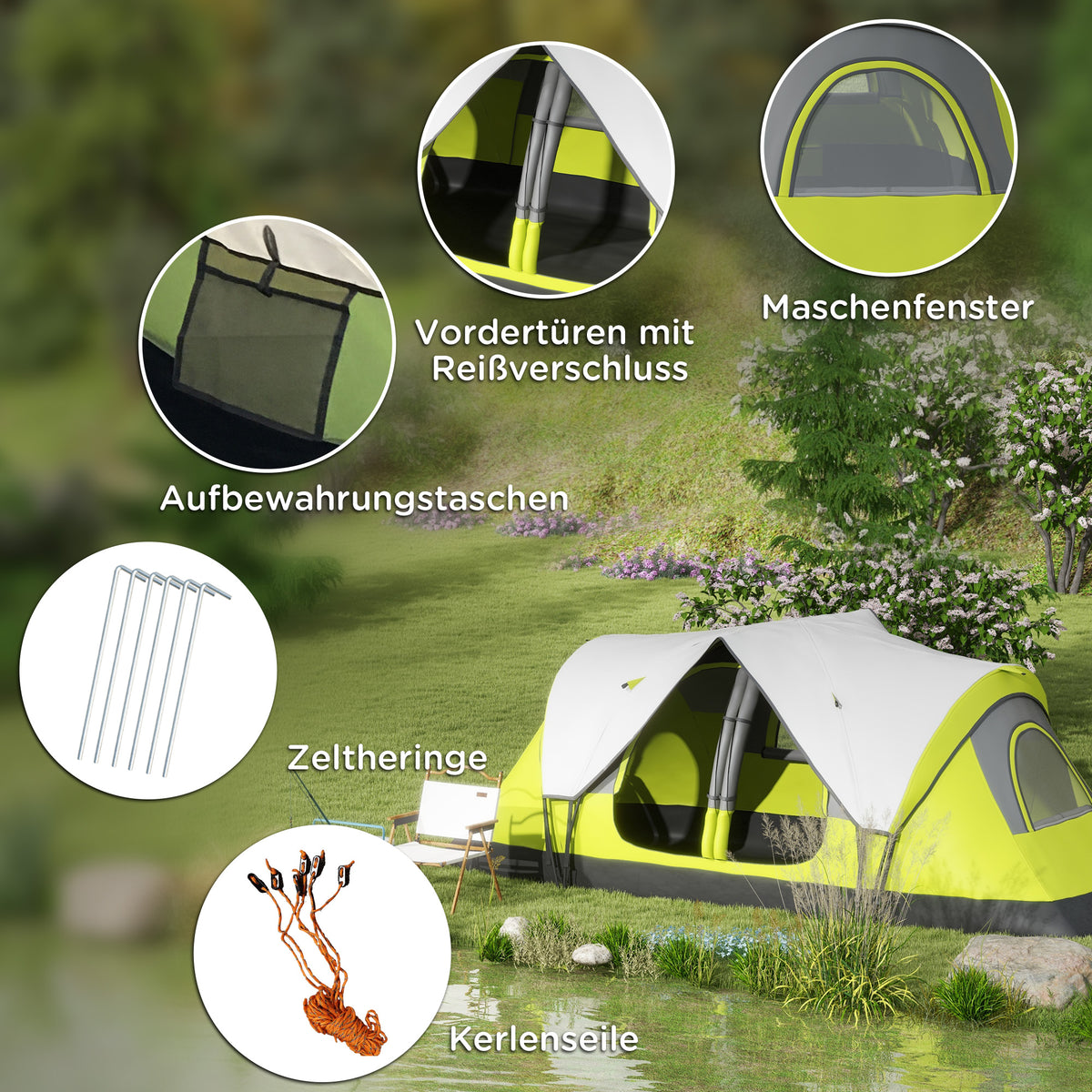 Outsunny Campingzelt, 2 Räume, Trennwand, für 6-8 Personen, Regenschutz, Dunkelgrün