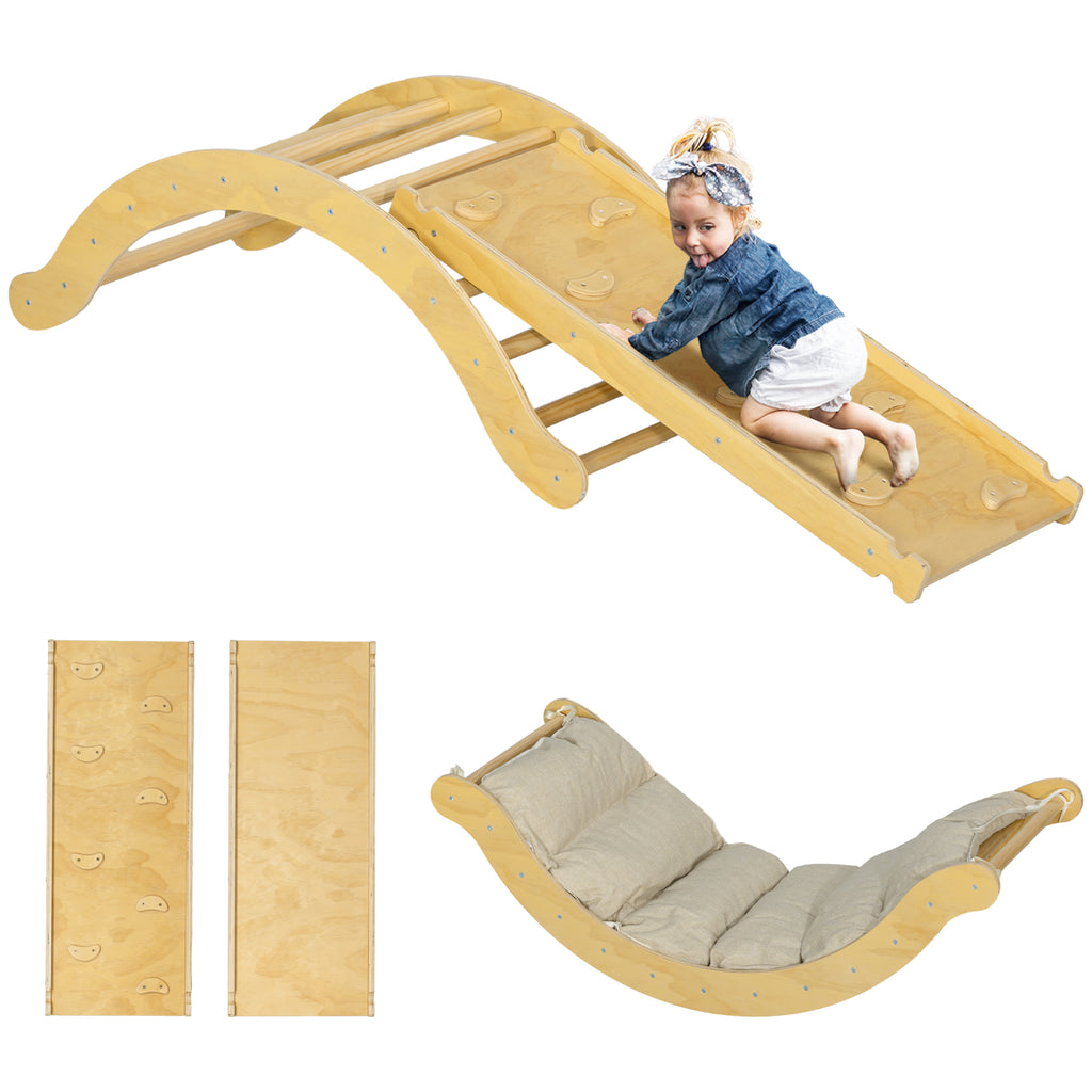 AIYAPLAY Kinder-Kletterset, 4-in-1-Design mit Bogenbrücke, Schaukelwippe, Kissen, Rutschrampe, für den Innenbereich, Holz