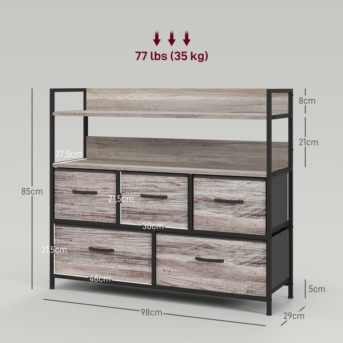 HOMCOM Stoff-Kommode, 5 faltbare Schubladen, 2 Regale, Stahlrahmen, 98 x 29 x 85 cm, Grau