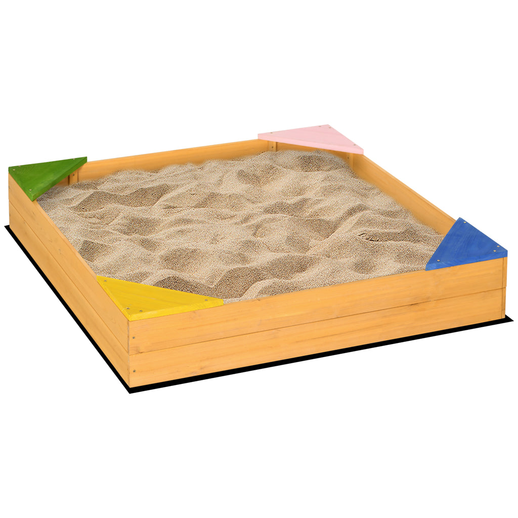 Outsunny Quadratischer Sandkasten aus Holz für Kinder mit 4 Sitzgelegenheiten in der Ecke und Schutzfilm 109 x 109 x 19,8 cm Naturholz