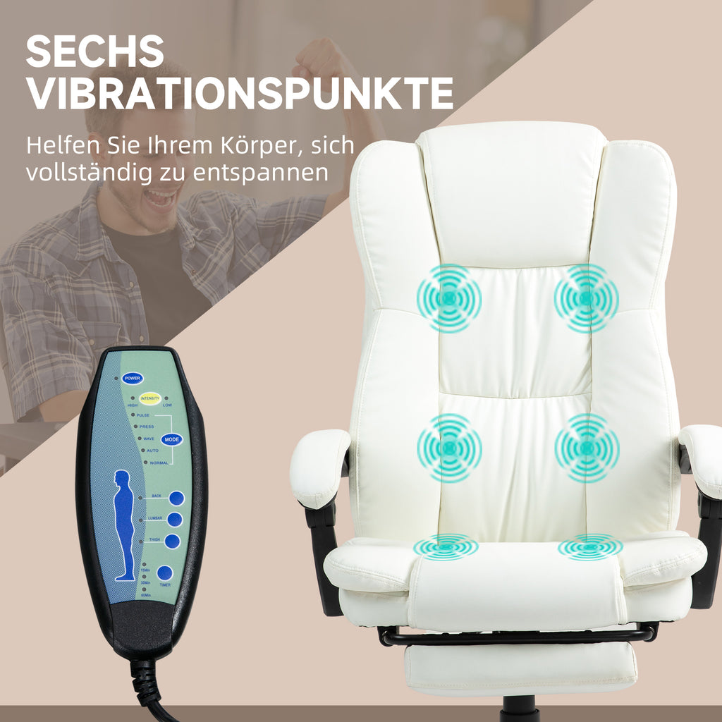 Vinsetto Verstellbarer Drehstuhl mit Fußstütze, Kopfstütze, Massagefunktion, Kunstleder, 68,5x68,5x113-121cm, Cremeweiß