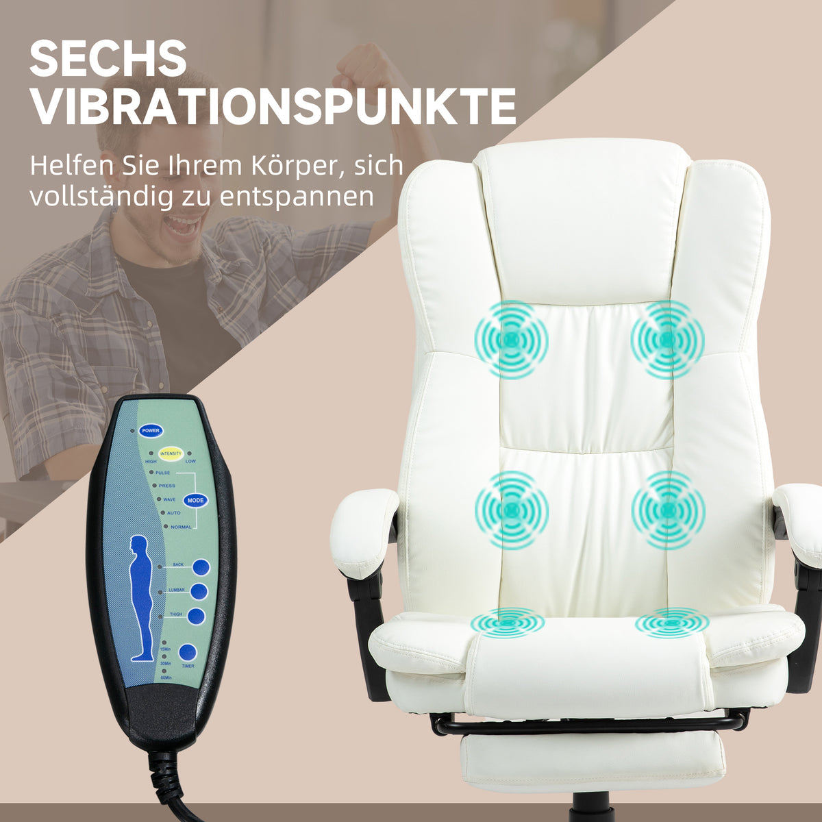 Vinsetto Verstellbarer Drehstuhl mit Fußstütze, Kopfstütze, Massagefunktion, Kunstleder, 68,5x68,5x113-121cm, Cremeweiß