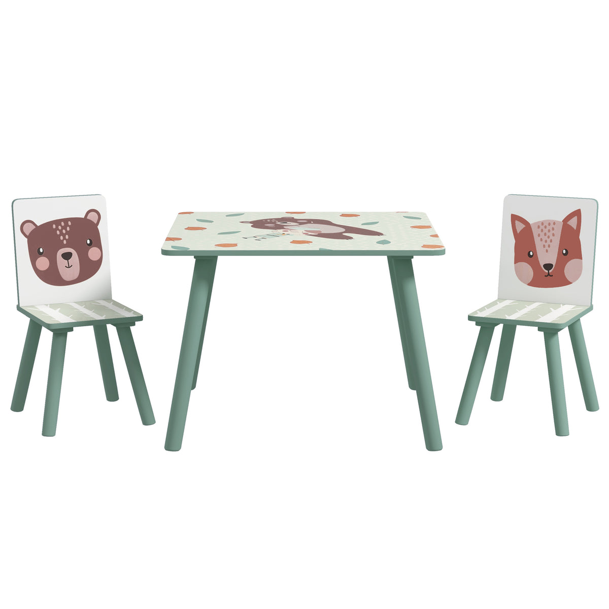 ZONEKIZ Kindertisch und 2 Stühle für Kinder 3-8 Jahre Set 3-teilig Tiermotiv für Schlafzimmer Spielzimmer grün