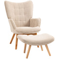 HOMCOM Akzentsessel mit Hocker, Relaxsessel in Cord-Optik, Armlehnstuhl mit Holzbeinen, für Wohnzimmer, Beige