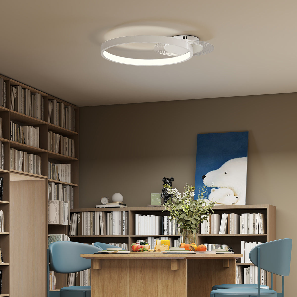 HOMCOM Deckenlampe, Deckenleuchte mit Zwei-Ring-Design, Rund 50 x 40 x 7,4 cm, Weiß