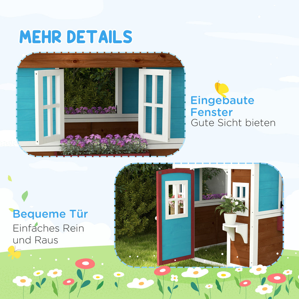 Outsunny Kinderspielhaus, Holz-Spielhaus für Kinder, Outdoor-Gartenspielhaus mit Fenstern, Blumentöpfe, 3-8 Jahre, Blau