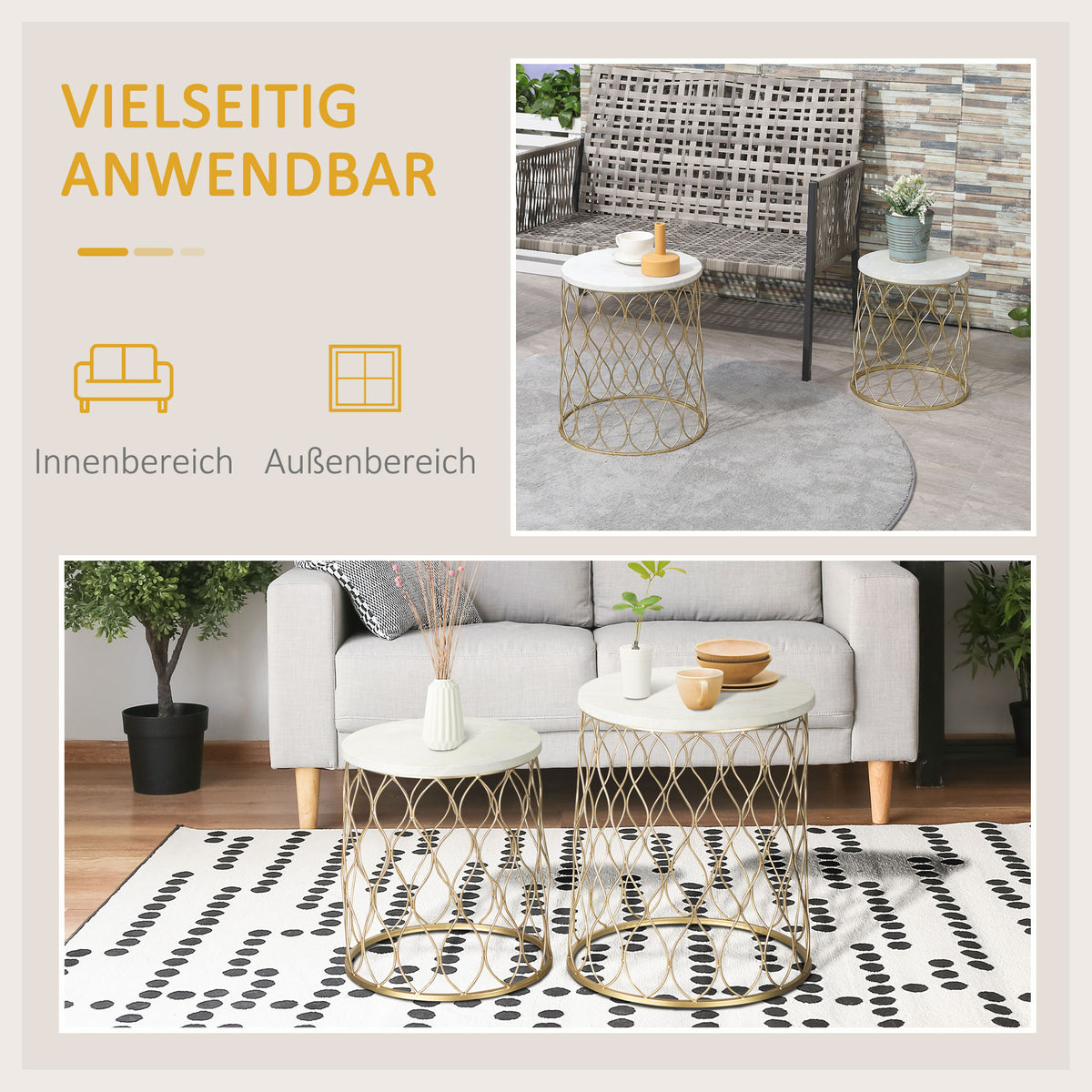 Outsunny 2er-Set Gartentisch Beistelltische Couchtische Retro Drahtkorb Metallkorb Garten Satztisch Gartenmöbel Outdoor Balkon Stahl Gold + Weiß Ø41 x 46 cm