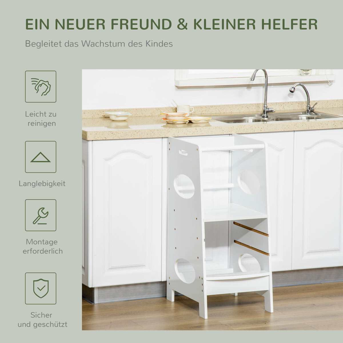 HOMCOM Lernturm für Baby Tritthocker Schemel Stehender mit 3 Stufen  Küchenhelfer für 3+ Jahre Kinder Jahre Sicherheit Bad Schlafzimmer Küche Weiß 40 x 50 x 90 cm