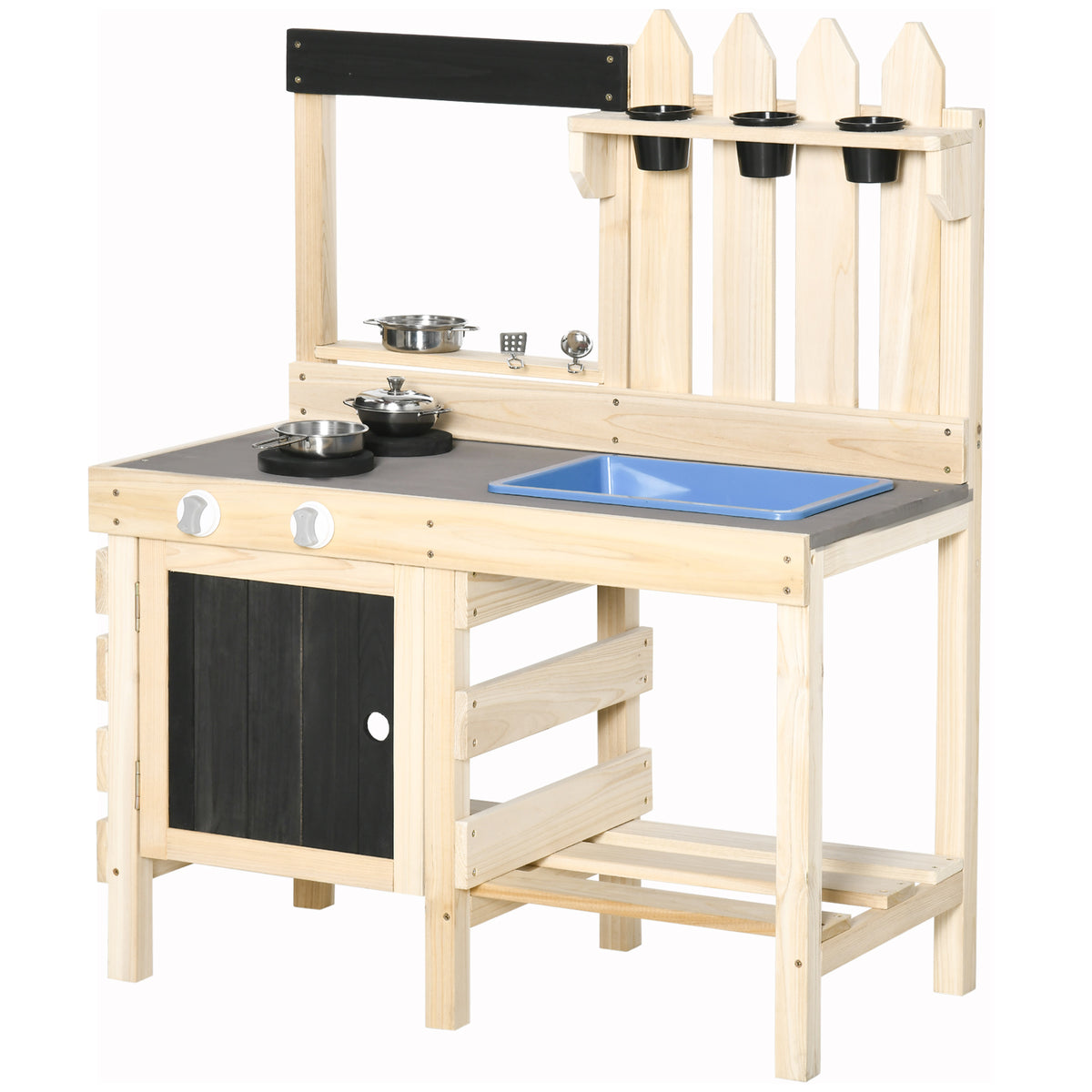 Outsunny Matschküche Outdoor Sandspieleset aus Holz Gartenküche Spieltisch Sand mit Pflanztöpfe Edelstahl Zubehör Spielzeugset Spielzeugküche für 3-7 Jahre 81,5 x 46 x 102,5 cm