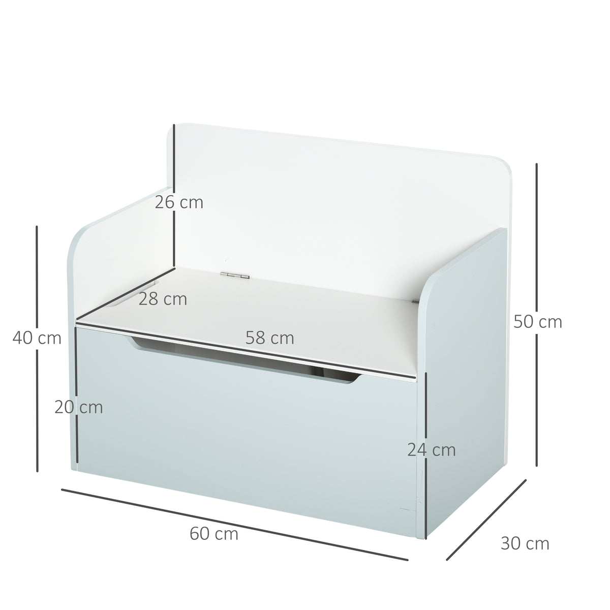HOMCOM Spielzeugkoffer für Kinder, Bank, Stauraummöbel, pneumatischer Zylinder, 60 x 30 x 50 cm, weiß