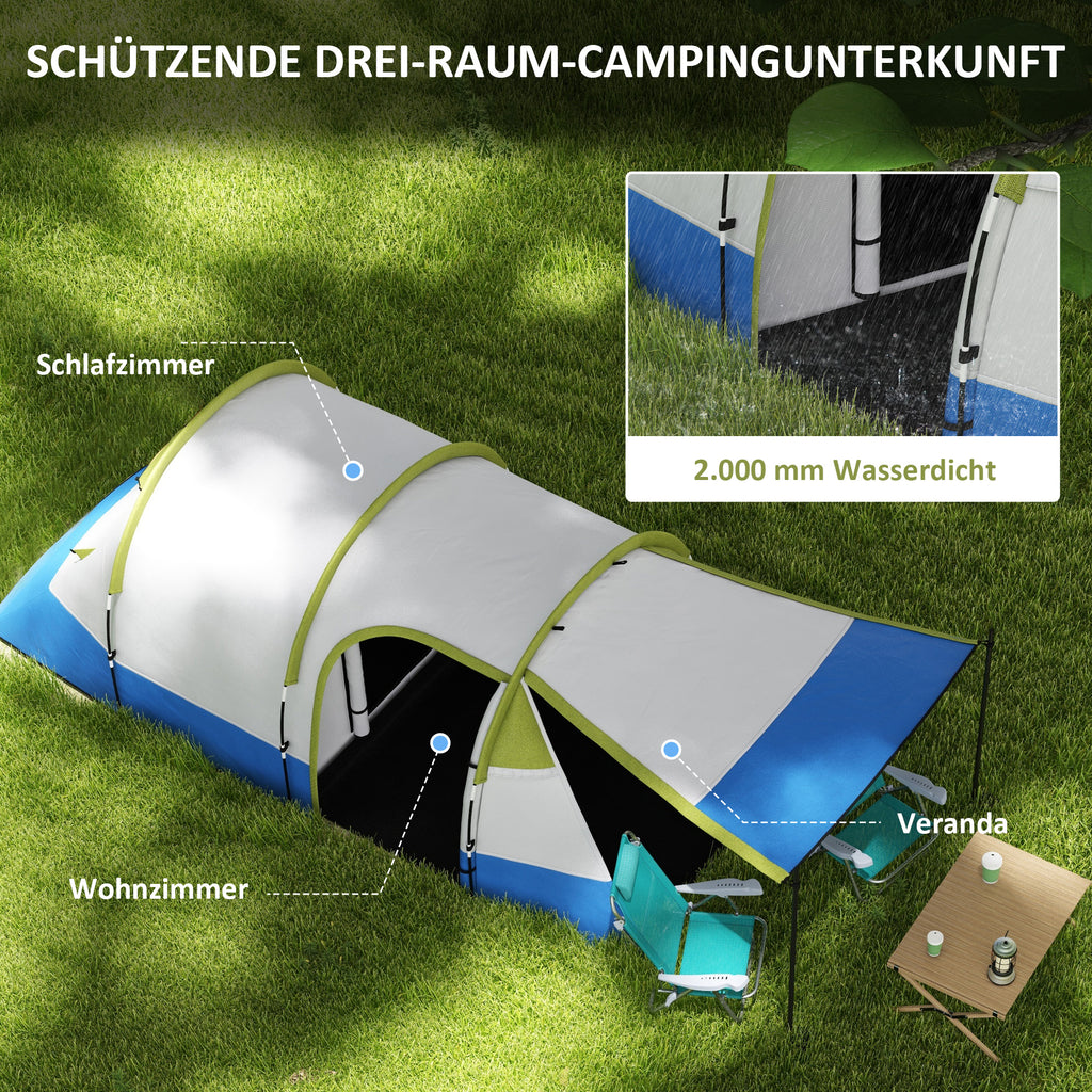 Outsunny Campingzelt, für 3 Personen, Laternenhaken, drei Eingänge, wasserdicht, Grün