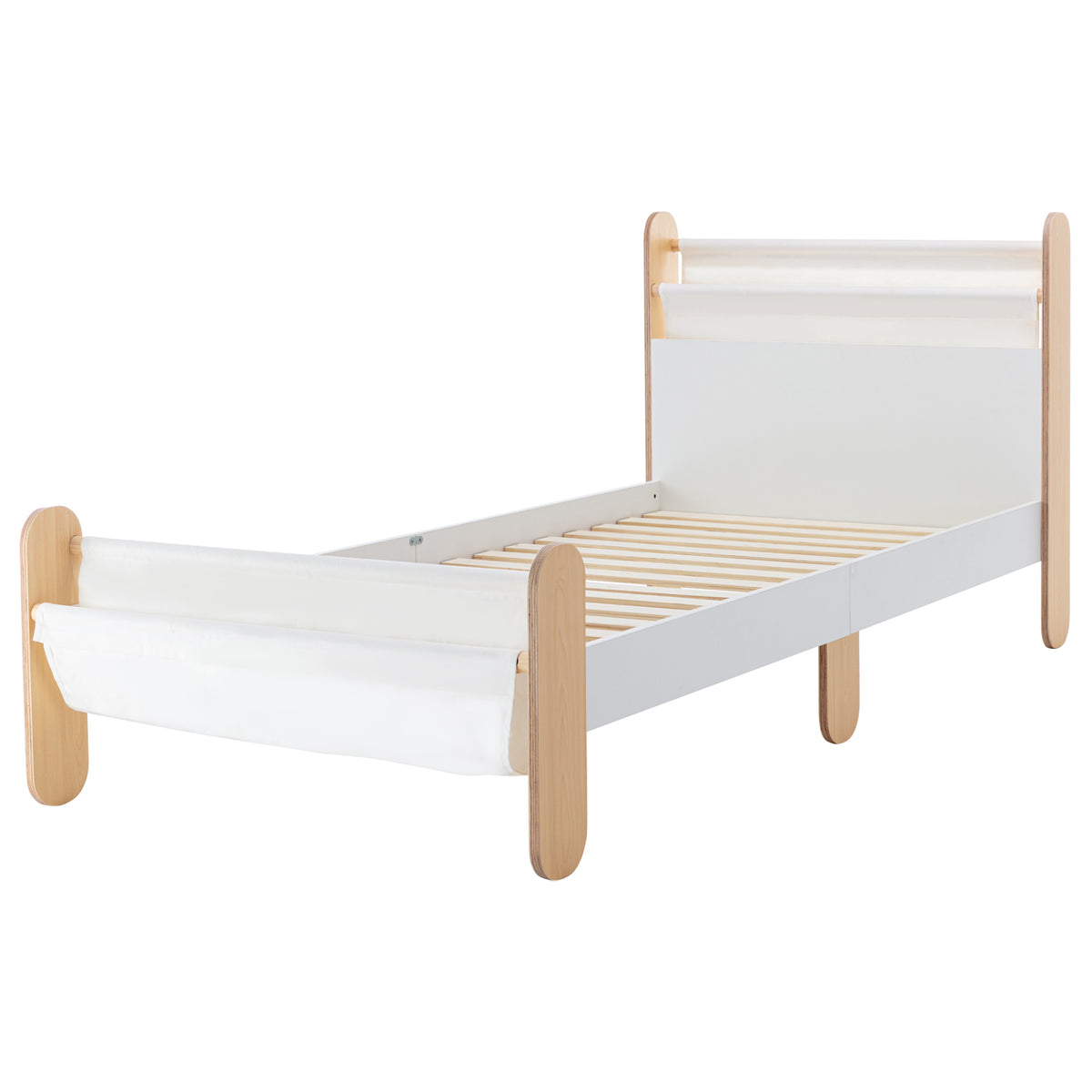 HOMCOM Kinderbett Jugendbett Hausbett mit Betttasche Spielzeugtasche ab 3 Jahre Holzbett Kinderzimmer Spielbett Einzelbett Kiefernholz Weiß+Natur 229 x 98 x 95 cm